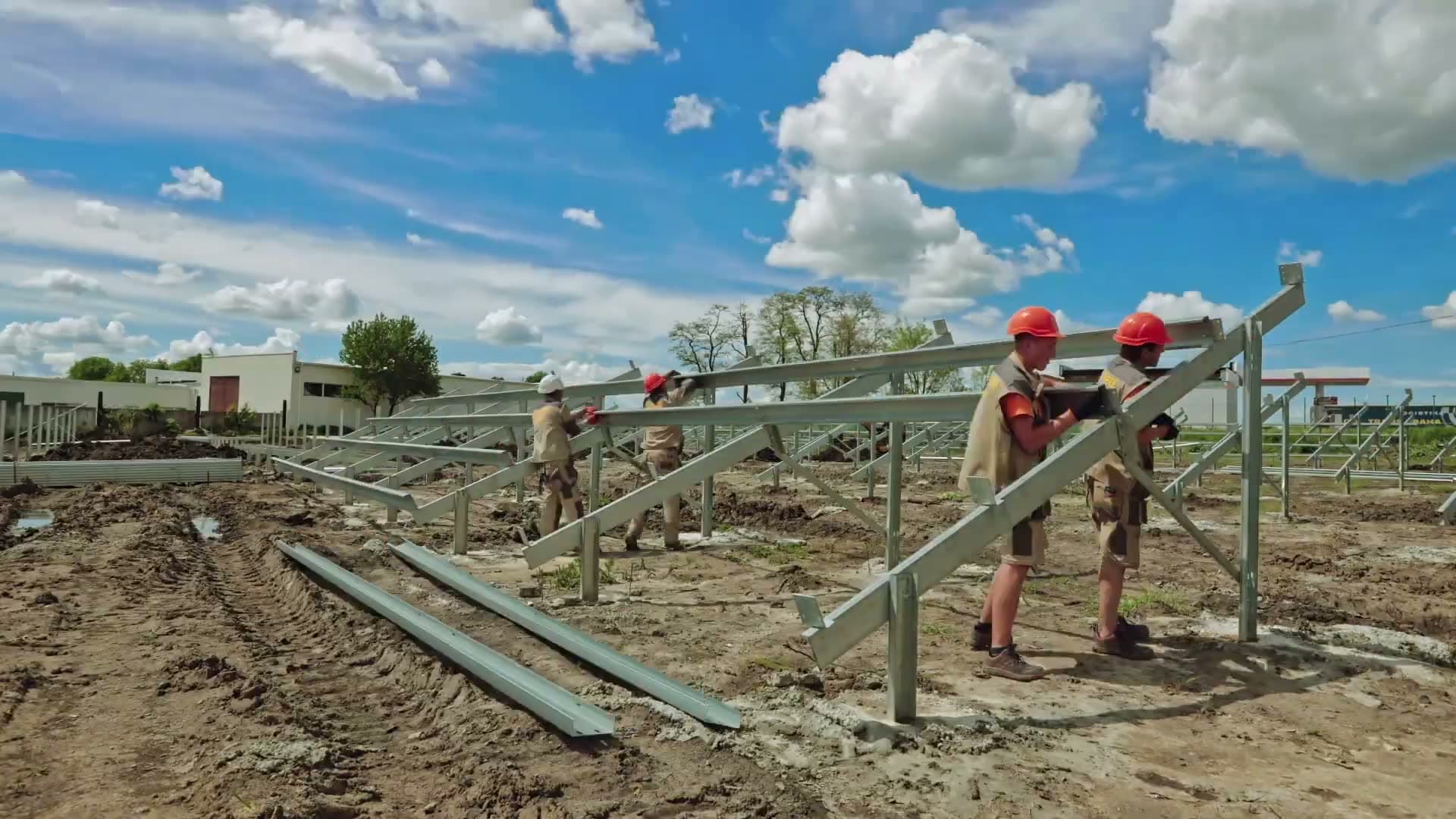 Ground mount solar racking being installed across a Texas field.