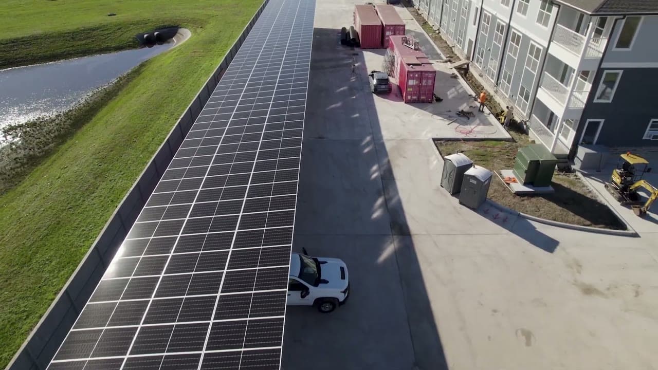 Ground mount solar array stretching across a Texas field.